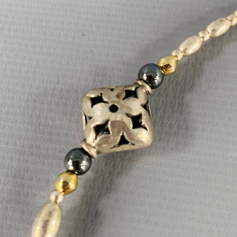 VINTAGE Silver Blue Gold Beaded Metal Hook Eye Closure Necklace