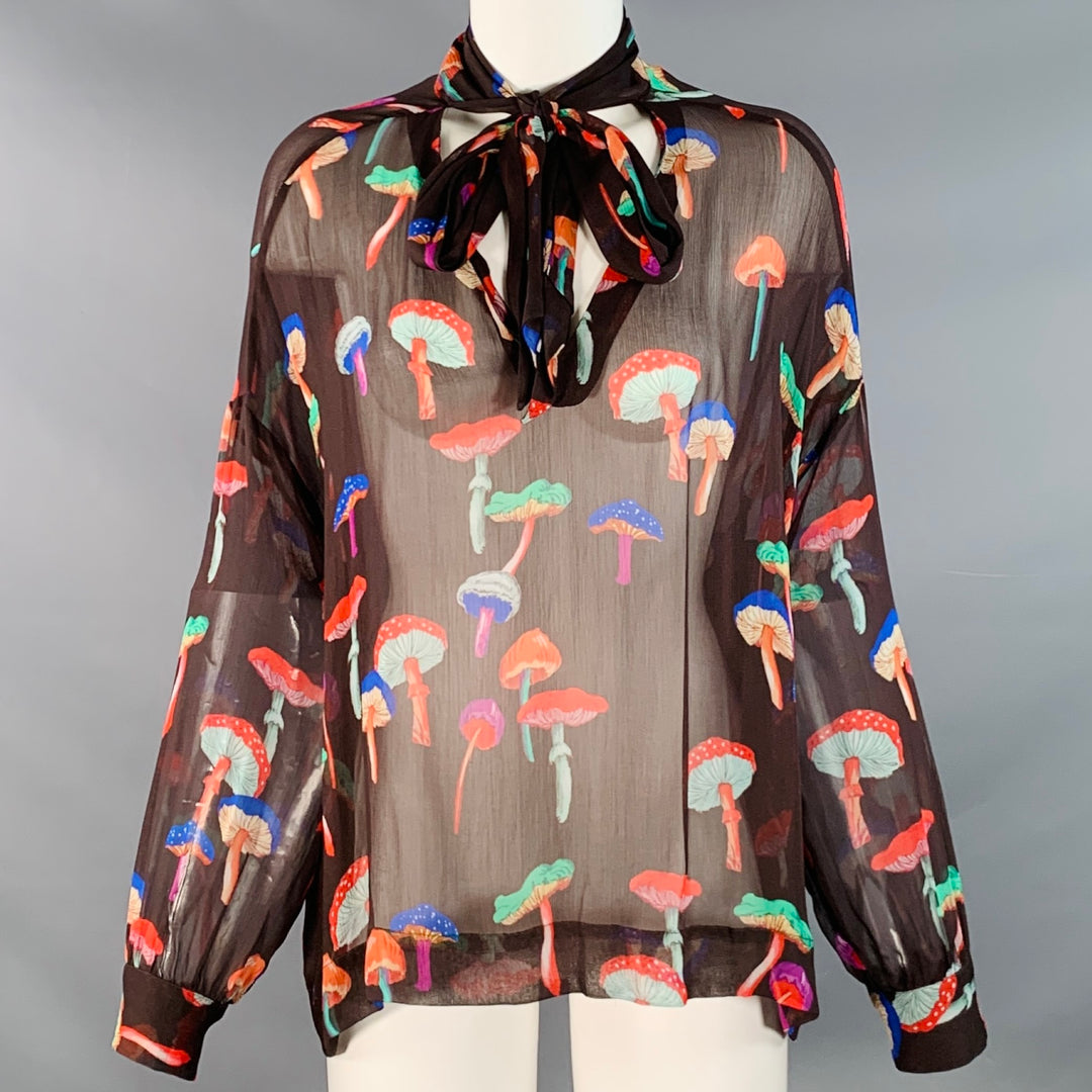 LE SUPERBE Size S Field Trip Brown Multi Color Chiffon Sheer Mushroom V-Neck Blouse