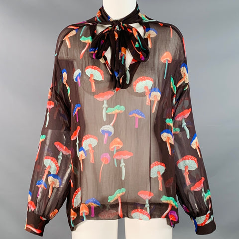 LE SUPERBE Size S Field Trip Brown Multi Color Chiffon Sheer Mushroom V-Neck Blouse