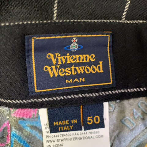 VIVIENNE WESTWOOD Size 34 Black Chalkstripe Wool Strap Cuff Dress Pants