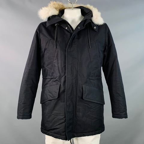 SANDRO Size L Black Beige Cotton Blend Fur Collar Zip Snaps Coat
