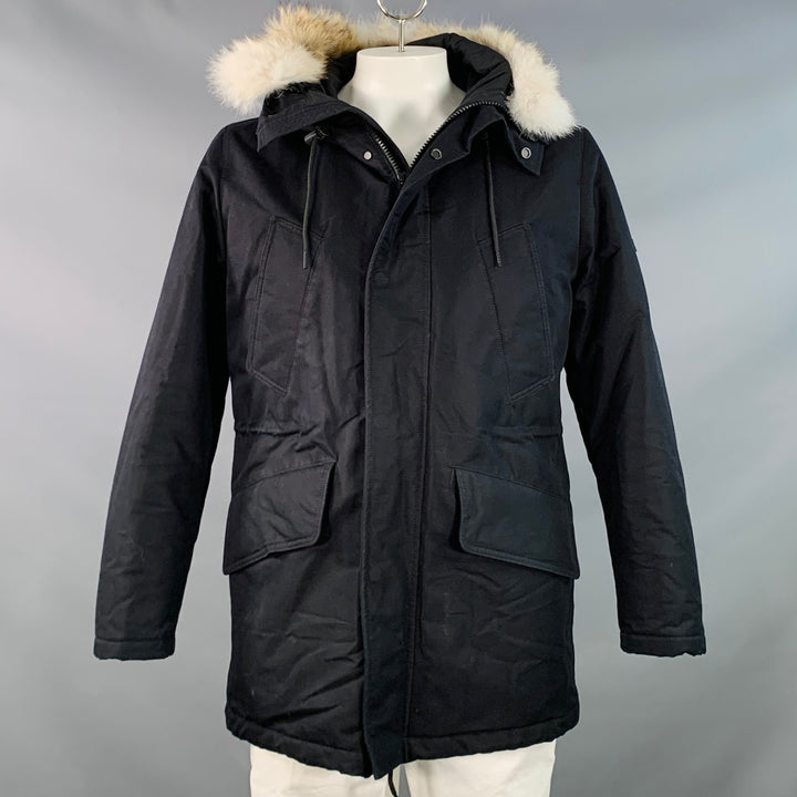 SANDRO Size L Black Beige Cotton Blend Fur Collar Zip Snaps Coat