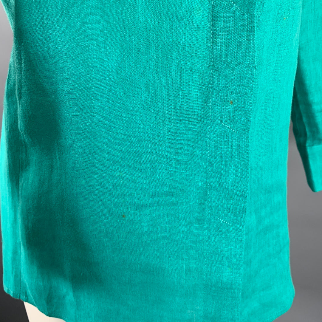 GIORGIO ARMANI Size 8 Teal Linen 3/4 Sleeves Shirt