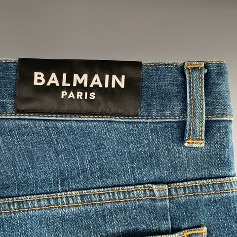 BALMAIN Size 32 Blue Contrast Stitch Cotton Blend Skinny Button Fly Jeans