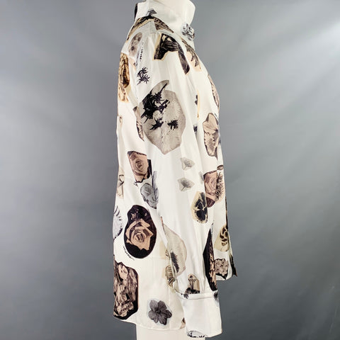 MARNI Size XXS Resonance White Brown Floral Print Silk Oversized Button Up Long Sleeve Shirt