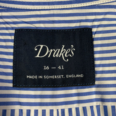 DRAKES LONDON Size M Blue White Stripe Cotton One pocket Long Sleeve Shirt