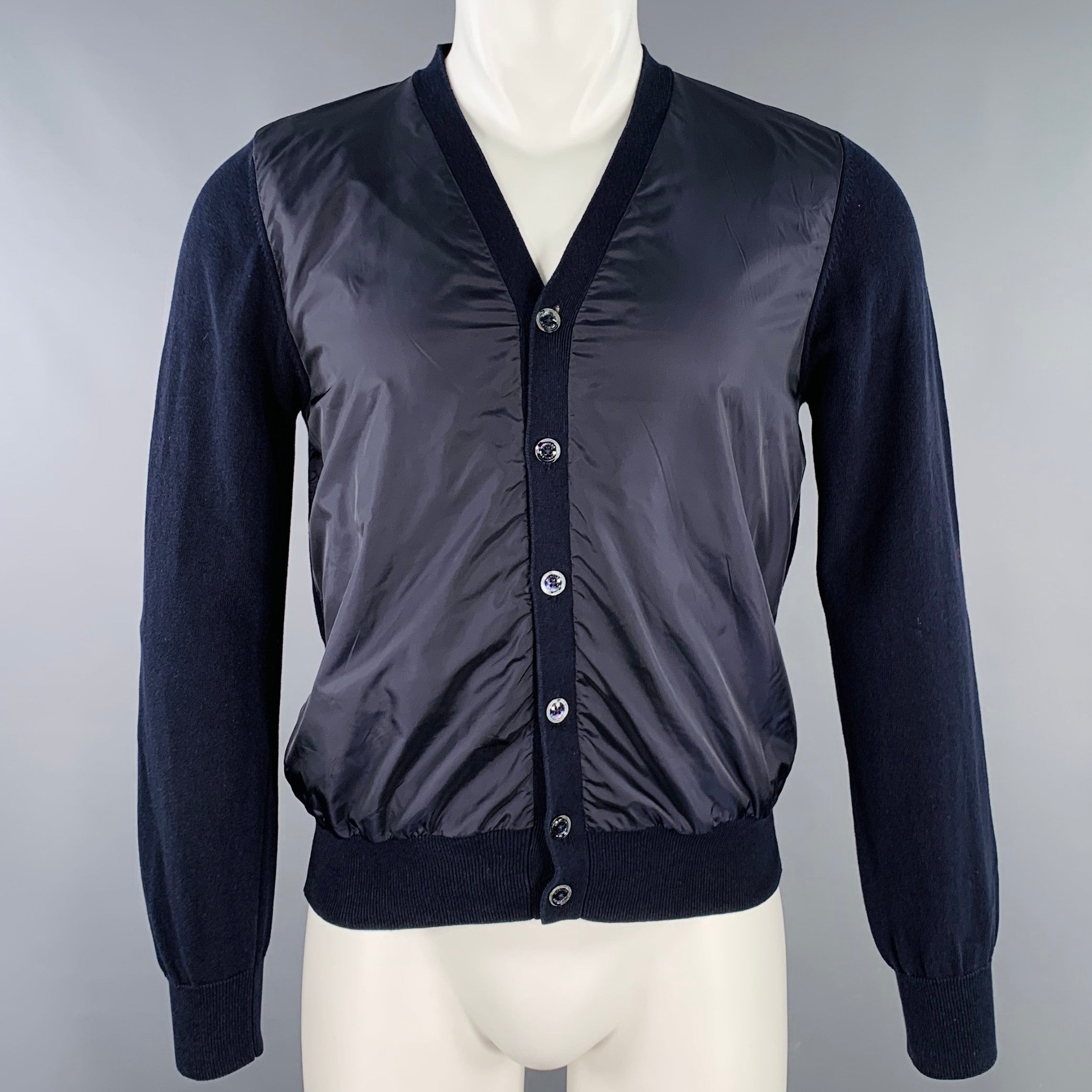 MONCLER Size S Navy Mixed Fabrics Cotton V-Neck Cardigan – Sui