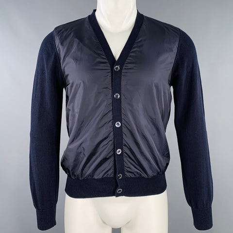MONCLER Size M Navy Mixed Fabrics Cotton V-Neck Cardigan