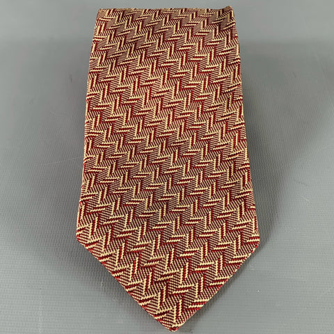 Cravate en soie bordeaux et beige à motif zigzag DONNA KARAN