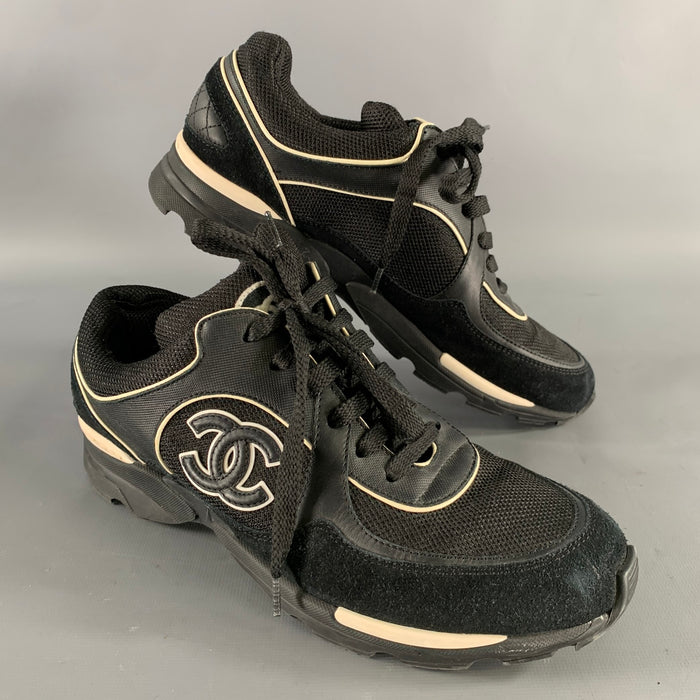 CHANEL Size 9 Black White M G26582 39 Monogram Trainer Sneakers