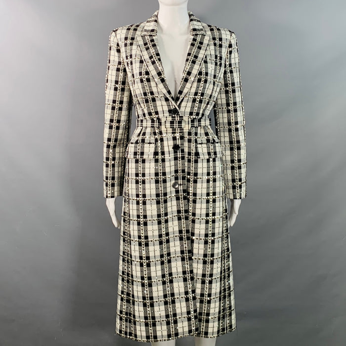MICHAEL KORS COLLECTION Size 2 Black White Cotton Wool Plaid Studded Belted Coat