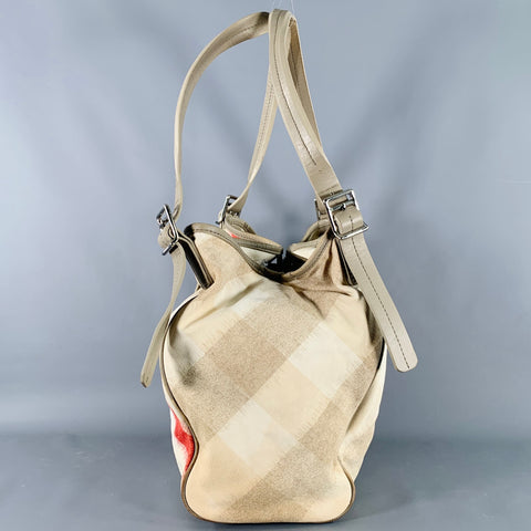 BURBERRY Beige Red Plaid Canvas Tote Handbag