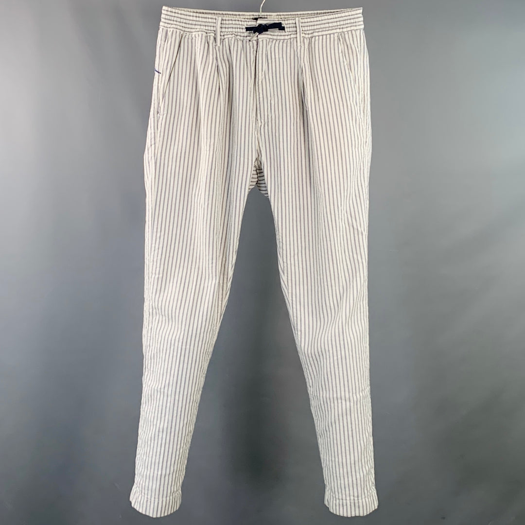 CRUNA Size 32 White Blue Stripe Cotton Blend Drawstring Casual Pants