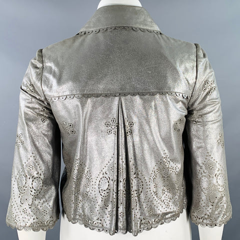 EMILIO PUCCI Size 10 Silver Perforated Leather Peter Pan Collar Single Button Jacket Blazer
