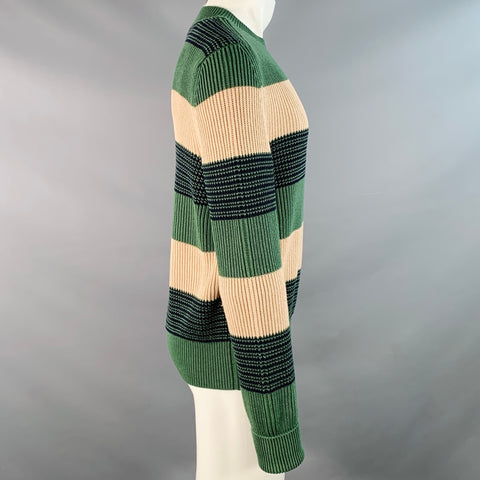 DUNHILL Size M Green Beige Stripe Cotton Crew Neck Sweater