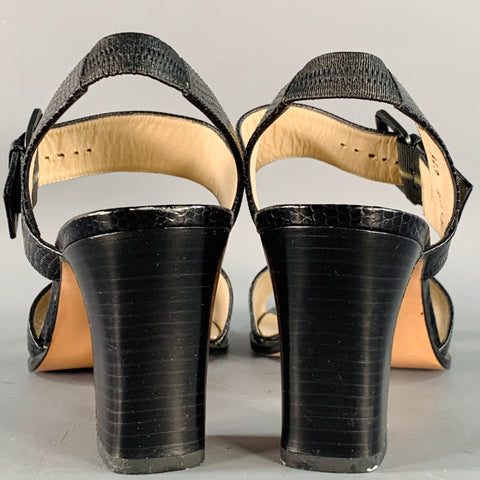SALVATORE FERRAGAMO Size 9 Black Gold Snake Embossed Chunky Heel Slingback Sandals