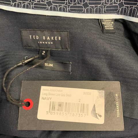 TED BAKER Size S Andover Navy White Geometric Cotton Blend Slim Fit Long Sleeve Shirt