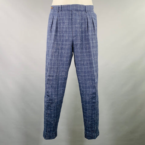 PT01 Size 38 Navy White Plaid Linen Blend Pleated Casual Pants