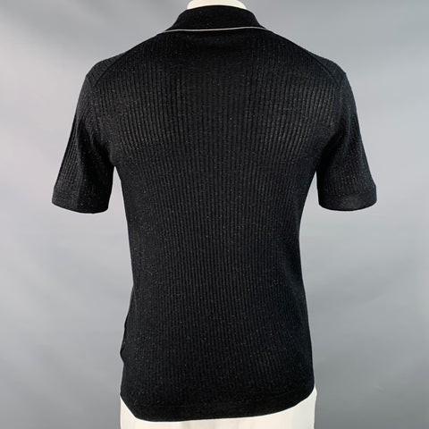 PRADA Size L Black Gold Shimmer Rib Knit Cashmere Blend Short Sleeve Polo