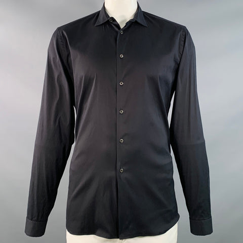 PRADA Size L Black Cotton Blend Curved Cutaway Button Up Long Sleeve Shirt