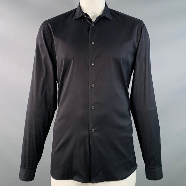 PRADA Size L Black Cotton Blend Curved Cutaway Button Up Long Sleeve Shirt