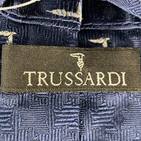 TRUSSARDI Navy White Textured Logo Silk Tie
