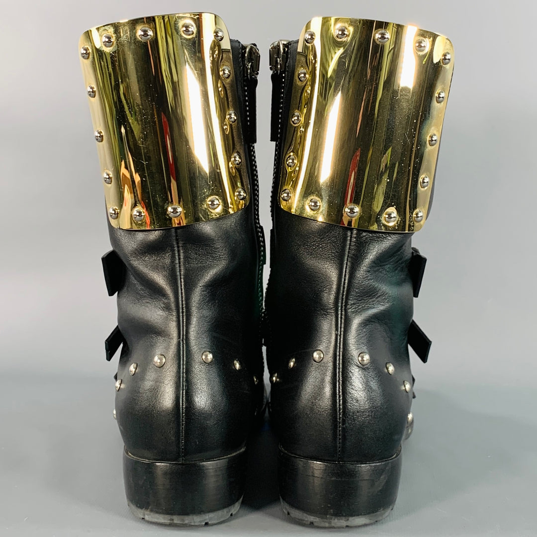 GIUSEPPE ZANOTTI Size 7 Black Gold Leather Metal Buckles Lace-Up Zipper Boots
