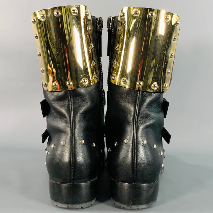 GIUSEPPE ZANOTTI Size 7 Black Gold Leather Metal Buckles Lace-Up Zipper Boots