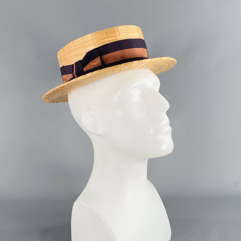 Chapeau Canotier en Paille Tressée Naturelle Vintage Taille 7
