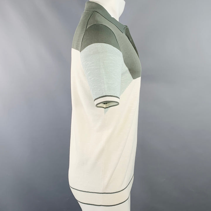 REISS Size S Gerrard Cream Green Color Block Cotton Blend Half Placket Polo