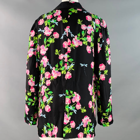 CYNTHIA ROWLEY Size M Black Multi Color Silk Twill Floral Notch Lapel Jacket Blazer