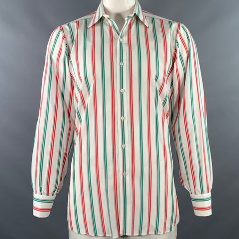 TURNBULL & ASSER Vintage Size L White Green Red Stripe Cotton French Cuff Long Sleeve Shirt