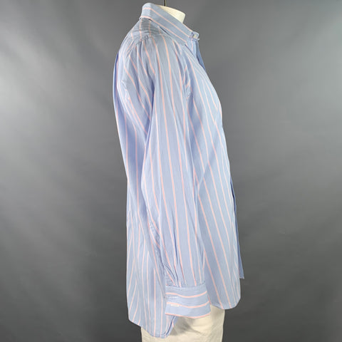 TURNBULL & ASSER Taille L Chemise à manches longues en coton rayé bleu rose et poignets mousquetaires
