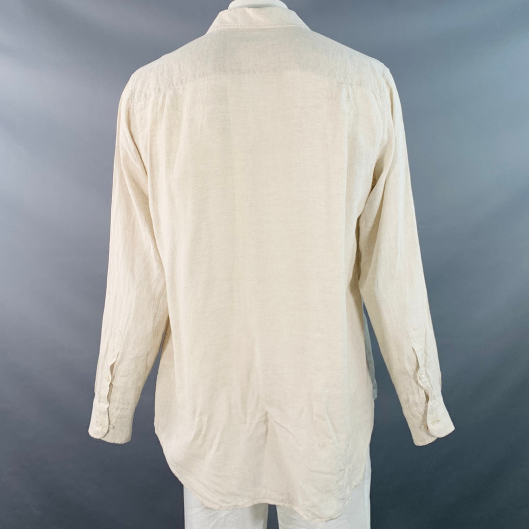 LORO PIANA Size XXL Beige Linen Relaxed Fit One Pocket Long Sleeve Shirt