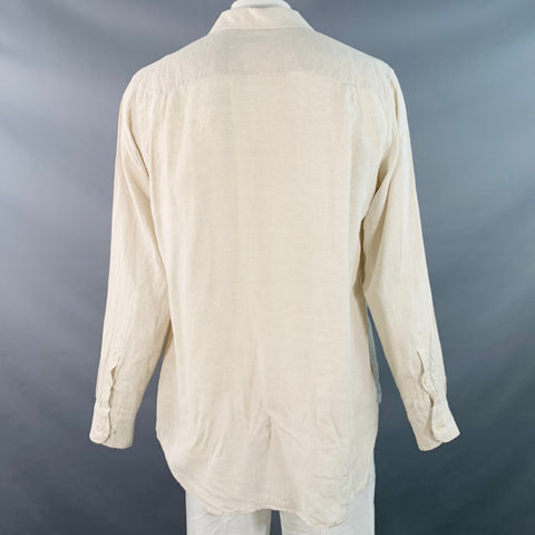 LORO PIANA Size XXL Beige Linen Relaxed Fit One Pocket Long Sleeve Shirt