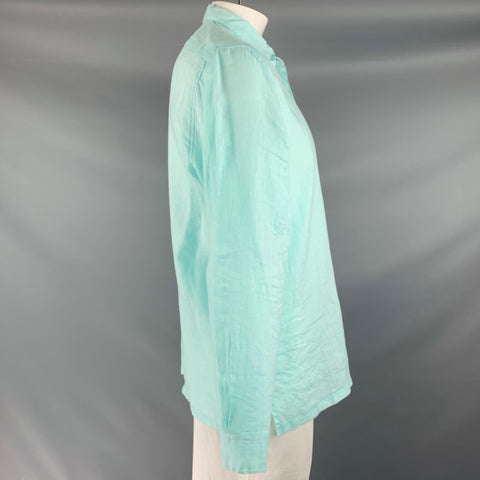 NATURAL BLUE Size L Green Linen Button Up Long Sleeve Shirt