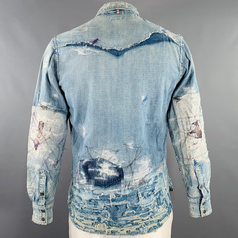 KAPITAL Size L Indigo Distressed Denim Snaps Long Sleeve Shirt