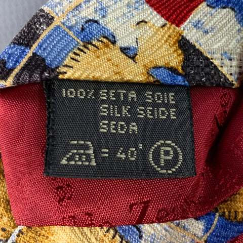 ERMENEGILDO ZEGNA Burgundy Blue Horses Chessboard Squares Silk Tie