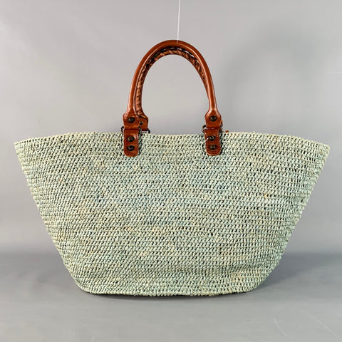 BALENCIAGA Green Brown Woven Raffia Oversized Tote Handbag