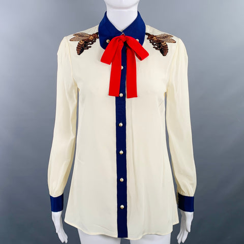GUCCI Size 2 Cream Red Blue Silk Embellishment Pussybow Honeybees Blouse