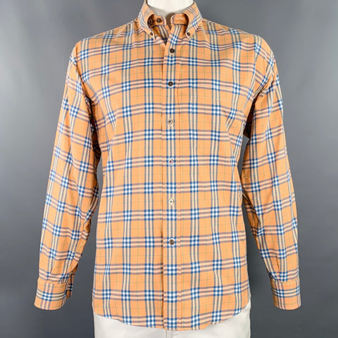 BURBERRY LONDON Size L Orange Blue Plaid One Pocket Long Sleeve Shirt