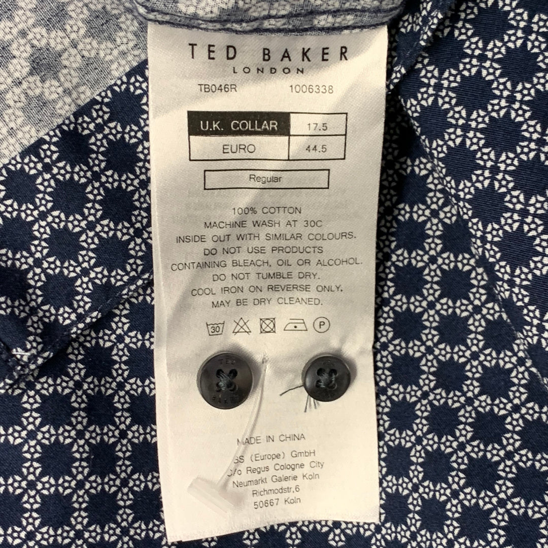 TED BAKER Size XL Navy White Geometric Cotton Point Collar Regular Fit Long Sleeve Shirt