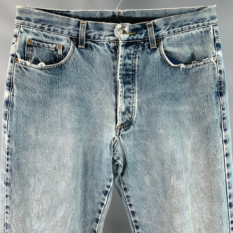 GUCCI Size 34 Blue Distressed Cotton Tapered Button Fly Jeans