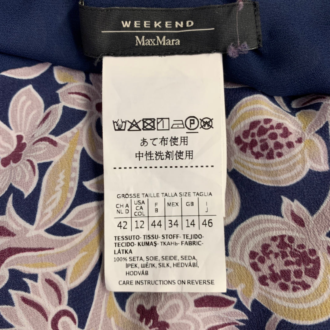 MAX MARA Size 12 Navy Burgundy Silk Abstract Floral Long Shirt Dress