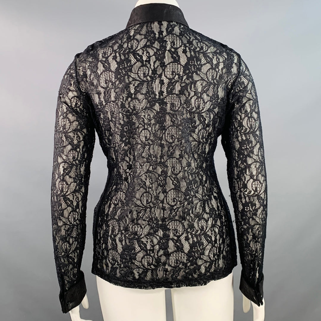 ANNE FONTAINE Size XL Carine Black Polyamide Blend Lace Faux Leather Contrast Trim Blouse