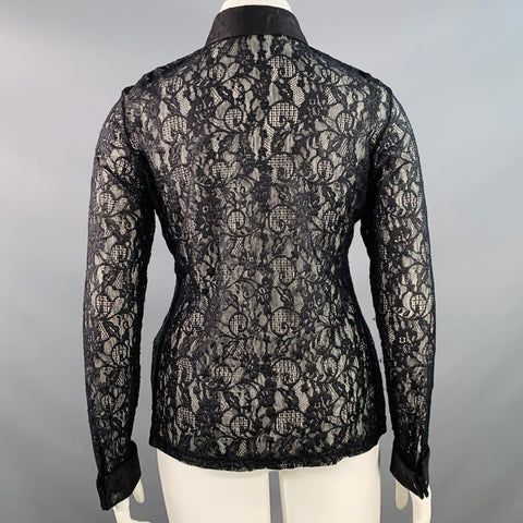 ANNE FONTAINE Size XL Carine Black Polyamide Blend Lace Faux Leather Contrast Trim Blouse