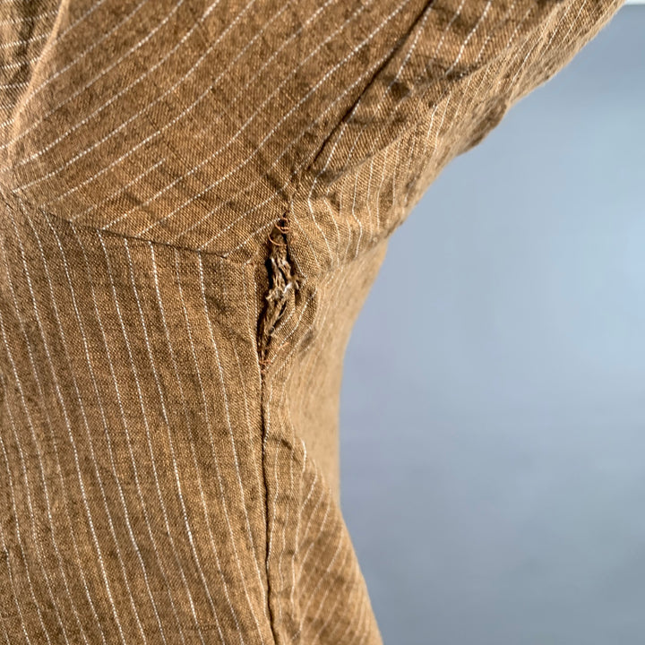 FRANK LEDER Size S Brown White Stripe Linen Spread Collar Long Sleeve Shirt