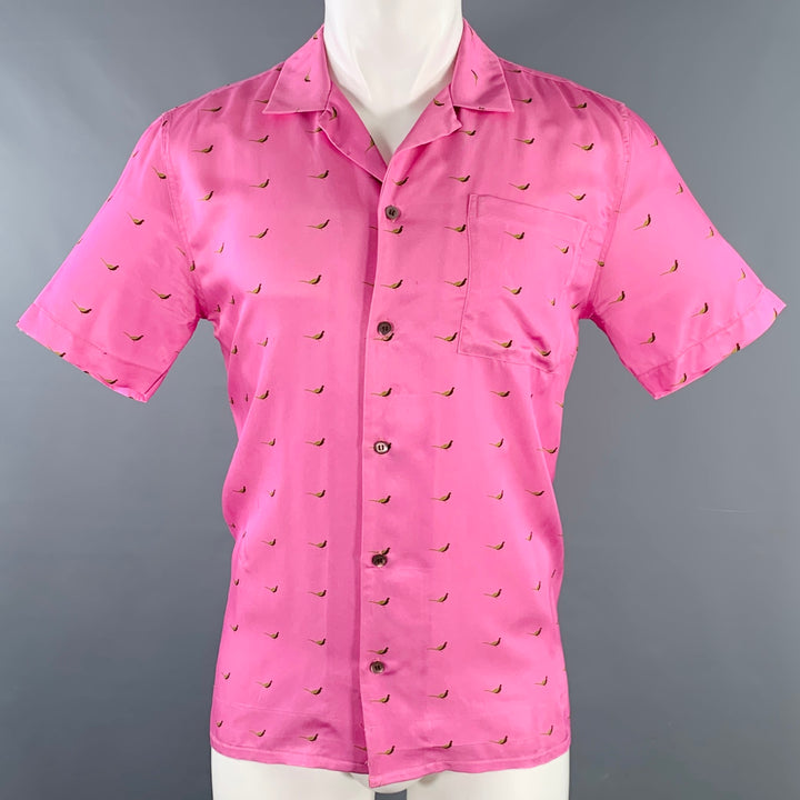DRIES VAN NOTEN Size S Pink Green Black Birds Short Sleeve Shirt