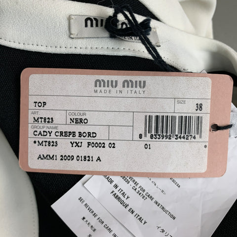 MIU MIU Talla 2 Top informal con cuello en V y ribete en contraste de viscosa color crema negro