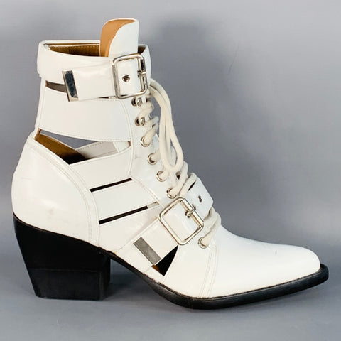 CHLOE Size 8 White Leather Lace-Up Belted Pointed Toe Ankle Boots
